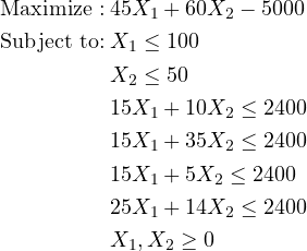 \begin{flalign*} \text{Maximize :} & \: 45X_{1}+60X_{2} - 5000&\\ \text{Subject to:} & \: X_{1}\leq 100&\\ & \: X_{2}\leq 50&\\ & \: 15X_{1} + 10X_{2}\leq 2400&\\ & \: 15X_{1} + 35X_{2}\leq 2400&\\ & \: 15X_{1} + 5X_{2}\leq 2400&\\ & \: 25X_{1} + 14X_{2}\leq 2400&\\ & \: X_{1},X_{2}\geq 0&\\ \end{flalign*}