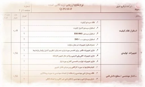 نمونه فرم نتایج ارزیابی اولیه تامین کننده